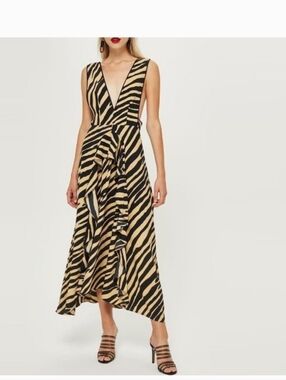 Topshop Zebra-Print High-Low V-Neck Dress in Black and Tan